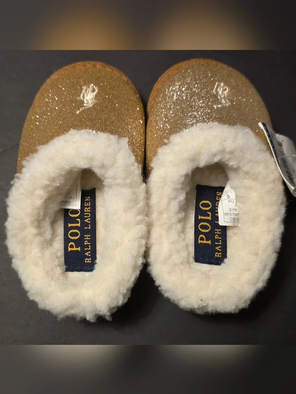 Polo by Ralph Lauren Kids' Gold Glitter Shearling Slippers